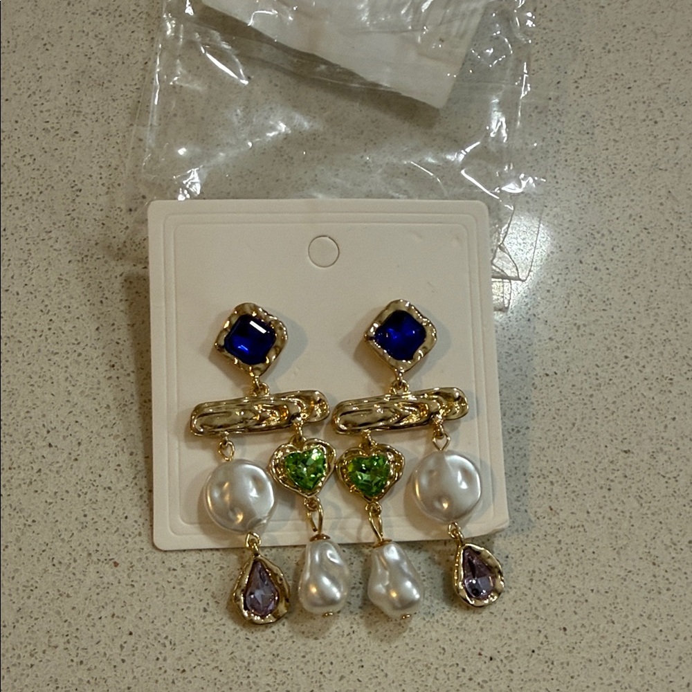 Gold-Plated Multi-Gem Drop Earrings with Blue, Green and Pearl Accents